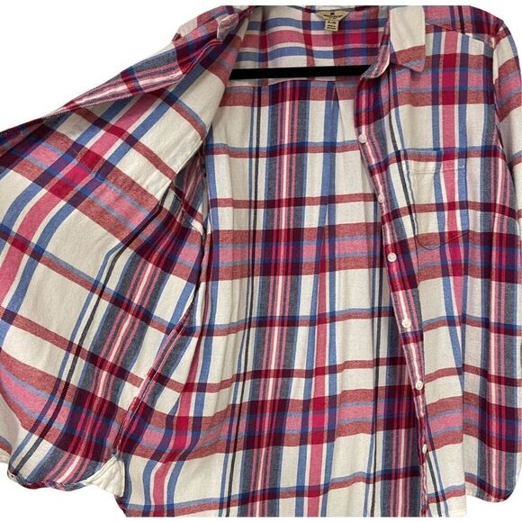 WOOLRICH Women’s Flannel Button Shirt XL Red Blue Plaid Soft Long Sleeve Pockets - Picture 4 of 8